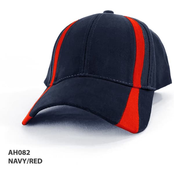 A navy cap with red accents and a curved brim, featuring a logo on the front.