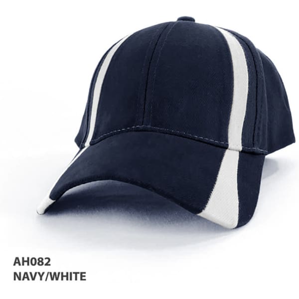 A navy cap featuring contrasting white stripes and a structured brim, with a logo on the front.