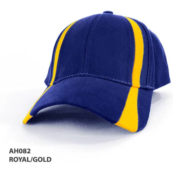 A cap featuring royal blue fabric with gold stripes, designed with a logo on the front.