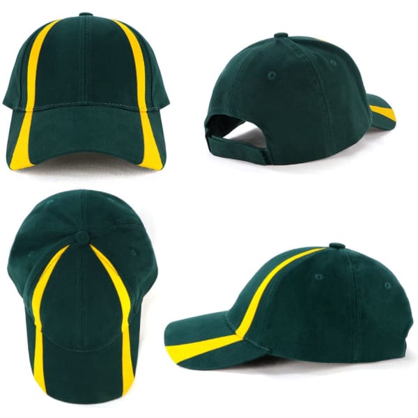 A green cap with yellow accents, featuring a curved brim and adjustable strap at the back. It has a logo.