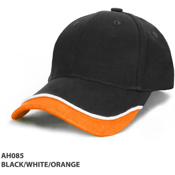 A black cap with an orange visor and white detailing, featuring a logo on the front.