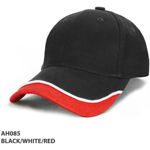 A black cap with white and red detailing, featuring a curved brim and a branded logo.