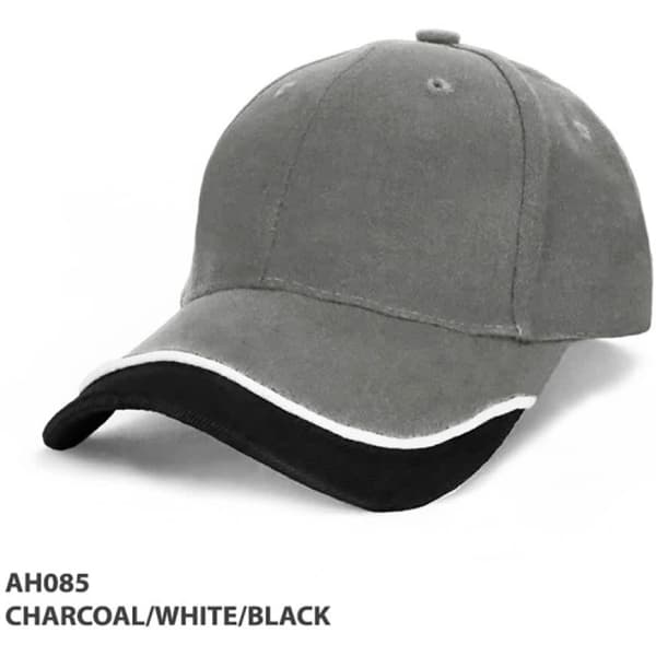 A charcoal, white, and black cap with a curved peak and a logo on the front.