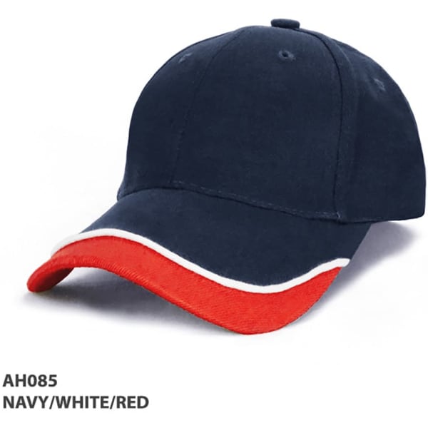 A navy, white, and red cap with a logo on the front, featuring a curved brim and an adjustable strap.