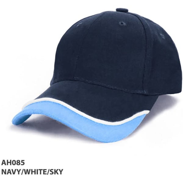 A navy cap with a sky blue brim and white detailing, featuring a logo on the front.