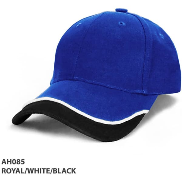 A royal blue cap with a black brim and white trim, featuring a logo on the front.
