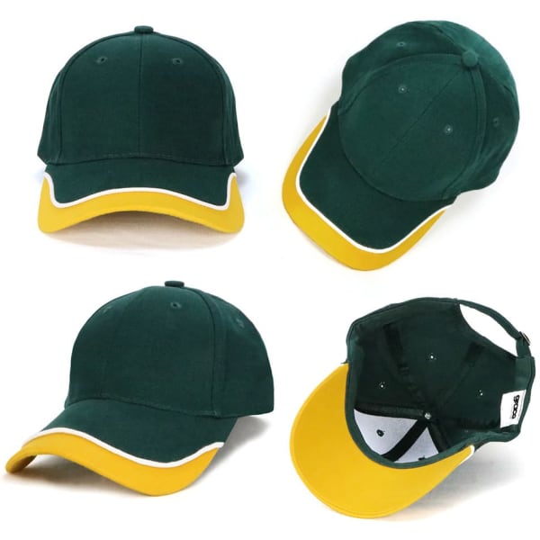 A green cap with a yellow brim and white detailing, featuring a logo on the front.
