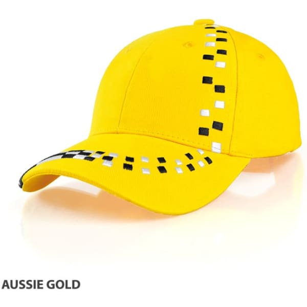 A yellow cap with a pattern of black and white squares along the brim and a logo.