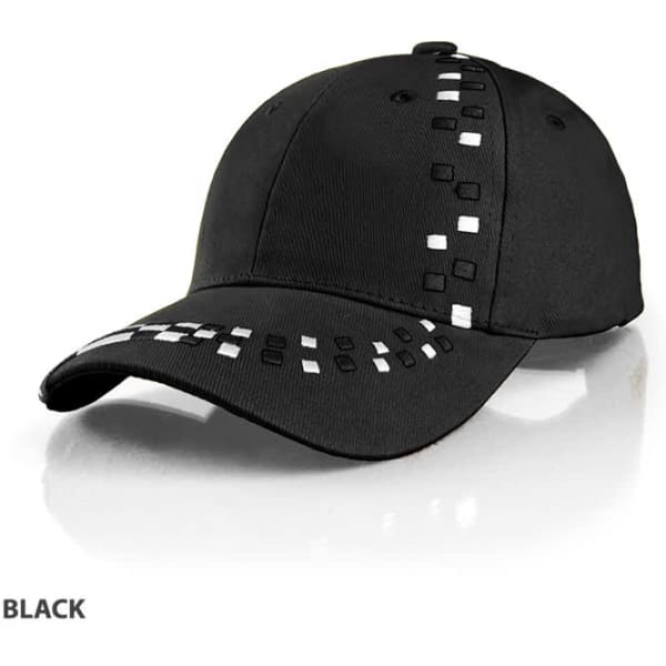 A black cap with decorative white stitching and a logo on the front. Features a curved brim and adjustable strap.