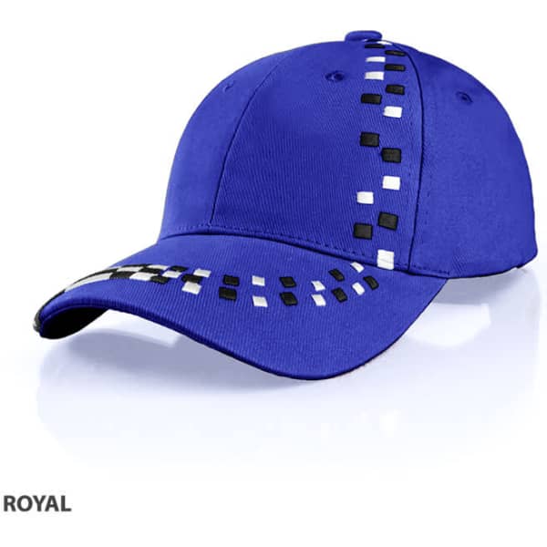 A blue cap featuring a decorative design in black and white, with a logo on the front.