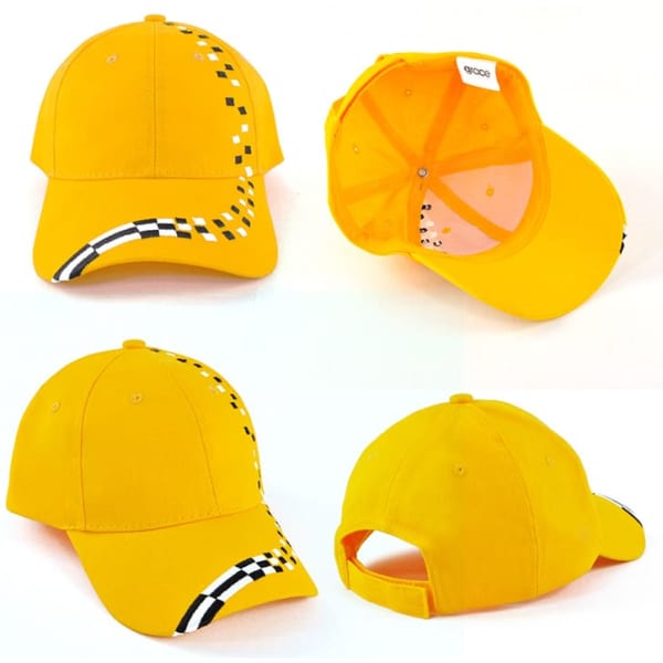 A yellow cap featuring a checkered pattern along the side and a logo. It has a curved brim and adjustable back.