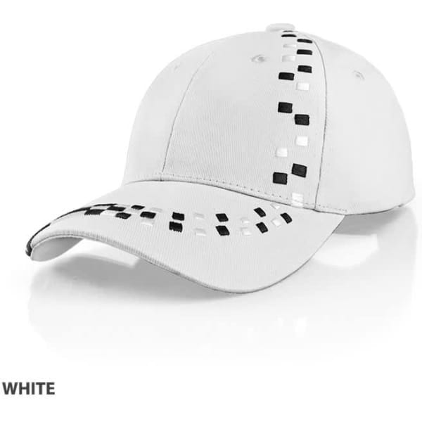 A white cap featuring black patterned details and a branded logo.