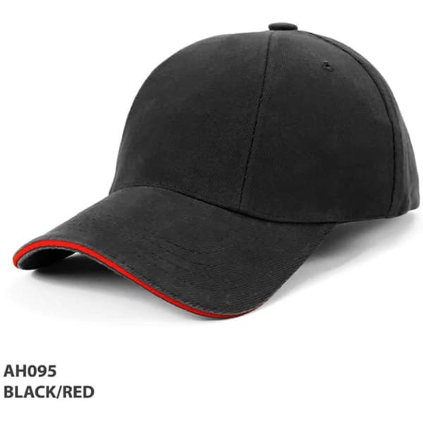 A black and red cap featuring a curved brim and a logo on the side.