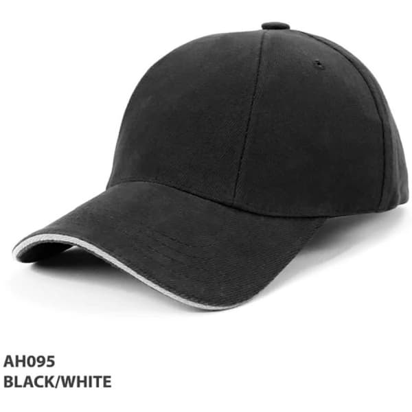 A black and white rotated panel sandwich cap with a curved peak and a logo.