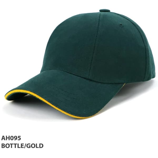 A bottle green cap with a gold accent on the brim, featuring a logo on the front.