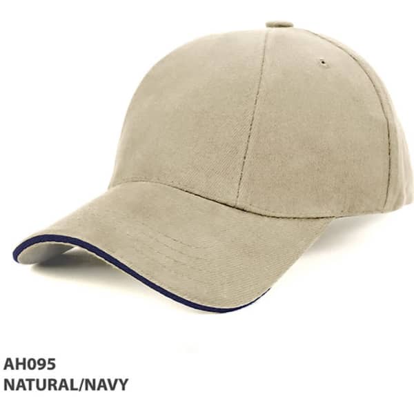 A natural and navy Rotated Panel Sandwich Cap with a curved brim and an adjustable strap at the back.