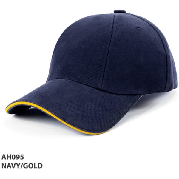 A navy and gold cap with a curved brim, featuring a logo on the front.