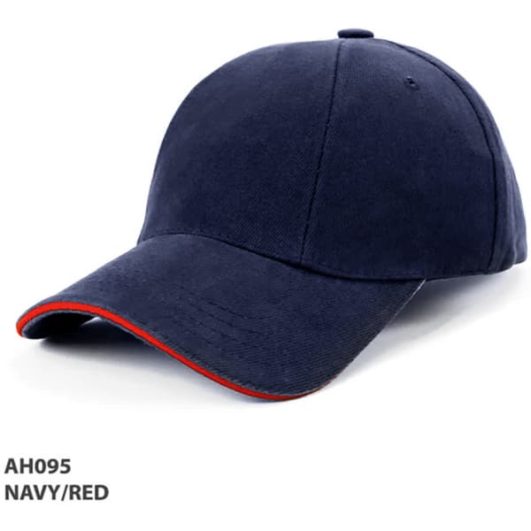 A navy cap with a red peak and trim, featuring a branded logo on the side.