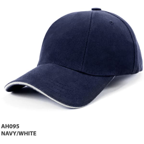 A navy and white cap with a curved peak and a logo. The design features a rotated panel.