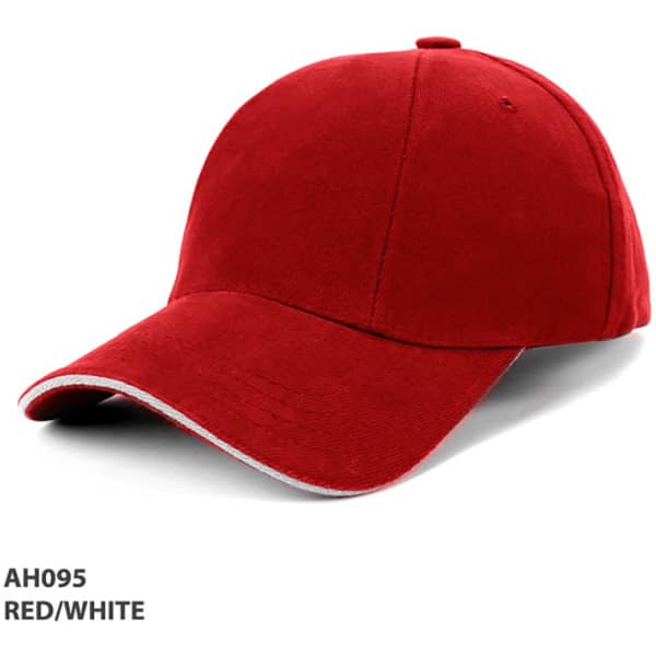 A red and white cap with a curved brim, featuring a logo on the front.