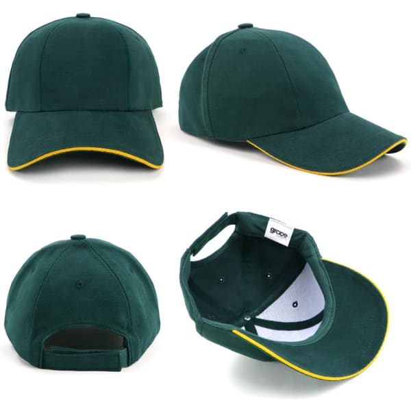 A green cap with a yellow trim featuring a logo, showing multiple angles including inside view.