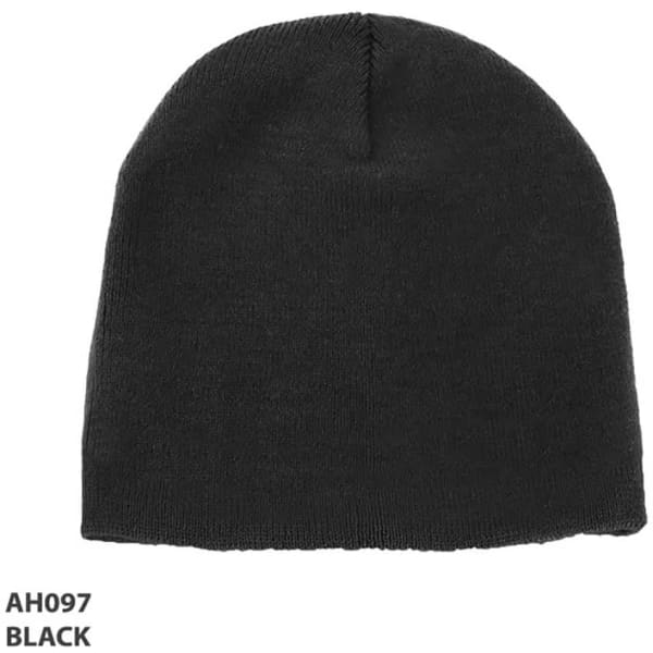 Acrylic two-tone beanie in black with a smooth finish and a snug fit. Features a logo on the side.