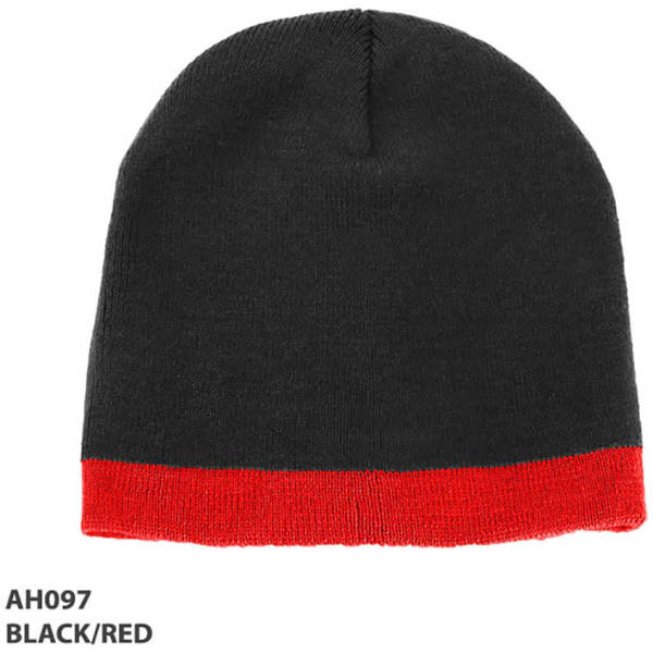 Acrylic two-tone beanie in black with a red brim, featuring a logo.
