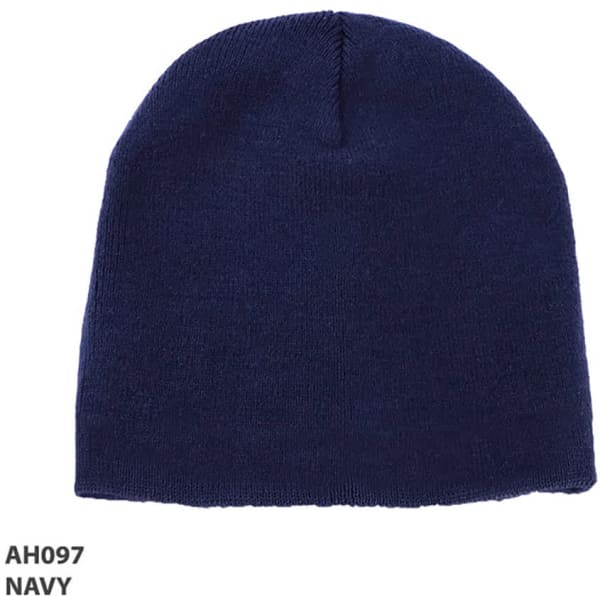 Acrylic two-tone beanie in navy colour, featuring a simple design and a logo. Ideal for headwear collection.
