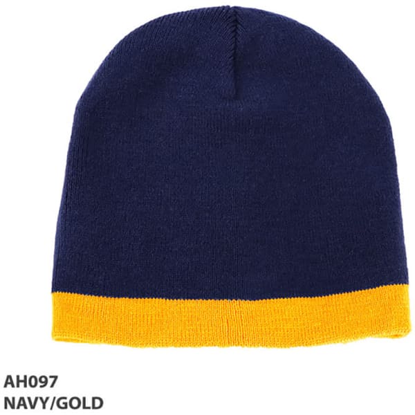 A navy and gold two-tone beanie with a folded brim and a logo.