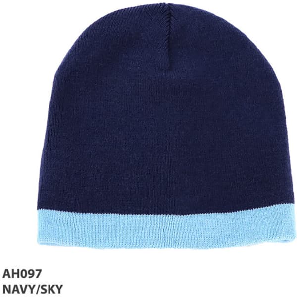 Acrylic two-tone beanie in navy blue with a light sky blue brim, featuring a logo.
