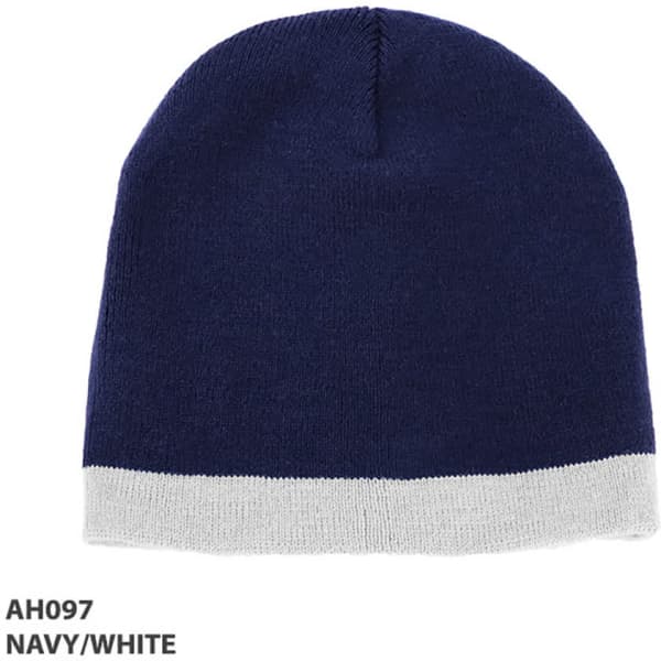 Acrylic two-tone beanie in navy and white, featuring a logo.