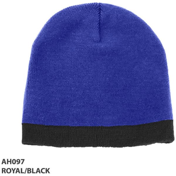 Acrylic two-tone beanie in royal blue with a black band, featuring a logo on the side.
