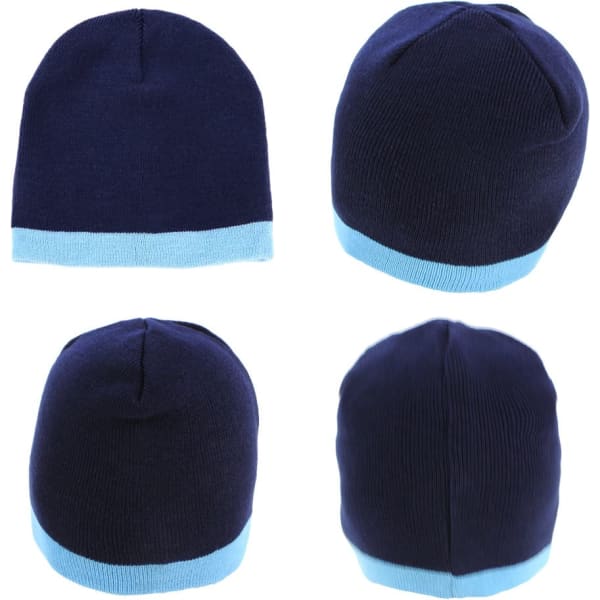 Acrylic two-tone beanie featuring a navy blue body with a light blue cuff. Displays multiple angles of the product.