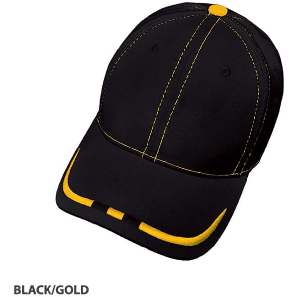 A black cap with gold stitching and accents, featuring a curved peak and a logo.