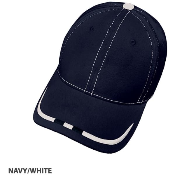 A navy and white cap featuring stitching details and a logo on the front.