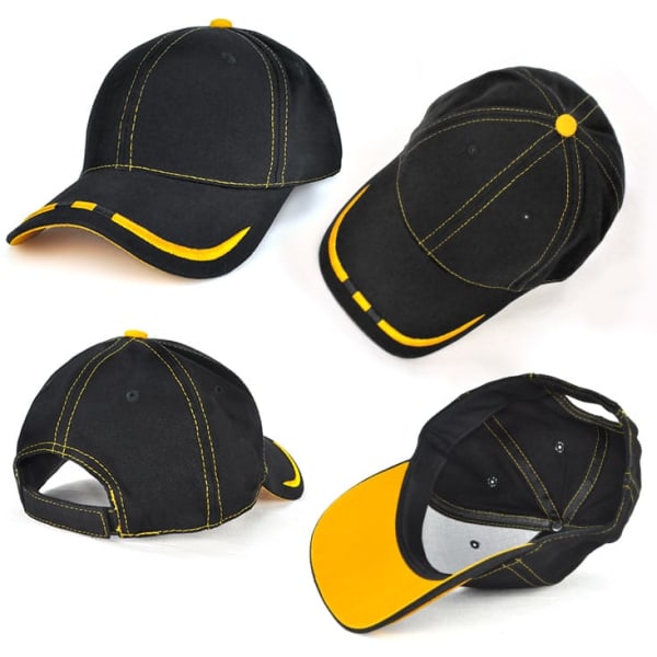 A black cap with yellow stitching and accents, featuring a logo and adjustable back strap.