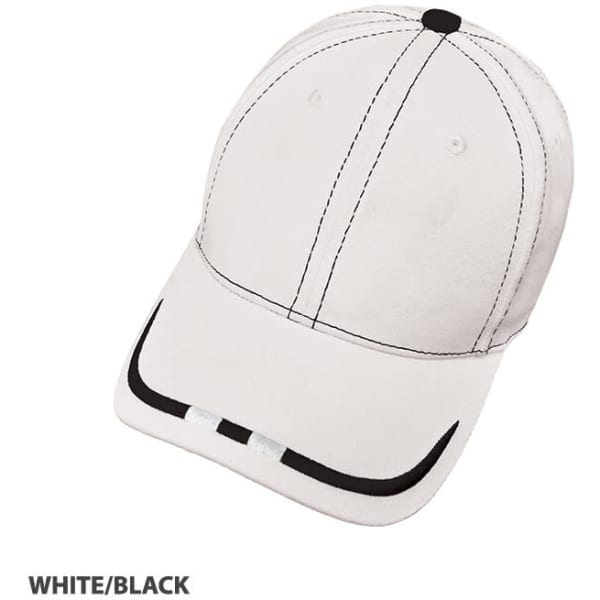 A white and black cap with contrasting stitching and a branded logo on the front.