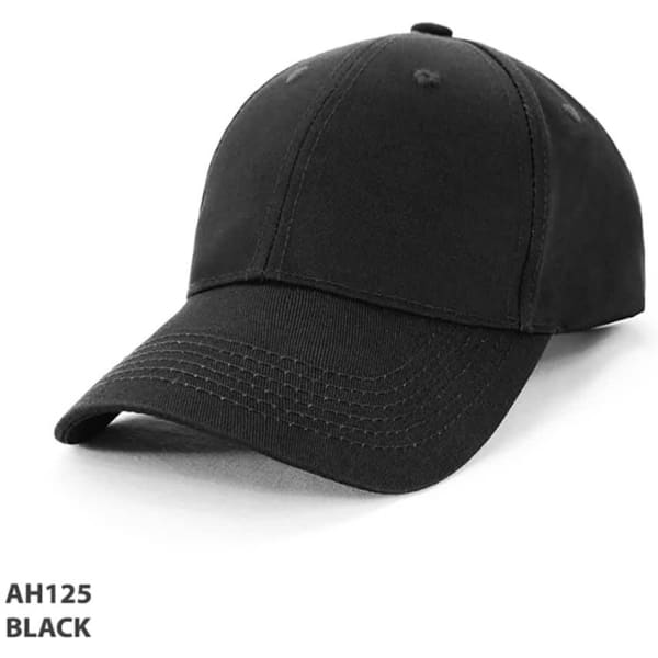 A black cotton cap with a structured brim and a logo, featuring six panel stitching.