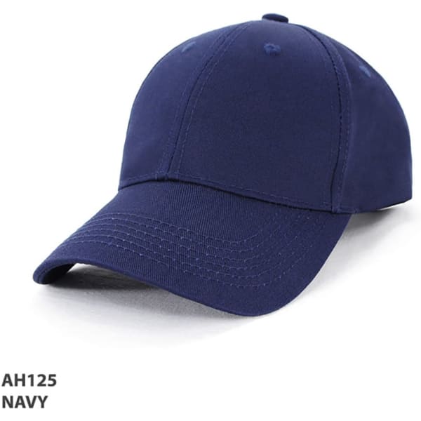 A navy blue cap with a structured front and curved brim, featuring a logo on the side.