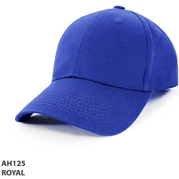 A royal blue cap featuring a curved brim and an adjustable strap at the back, with a logo present.