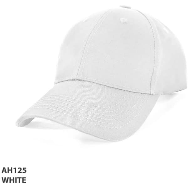 A white cotton cap featuring a curved brim and a logo on the front.
