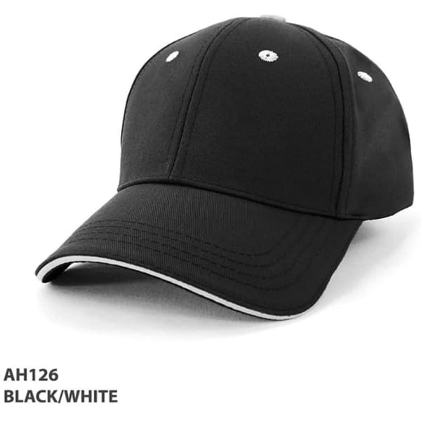 A black and white sandwich cap with six ventilation holes and a curved visor. It features a subtle logo.