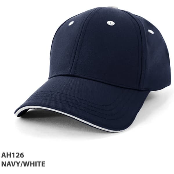 A navy and white cap with a logo, featuring a structured design and contrasting stitching details.