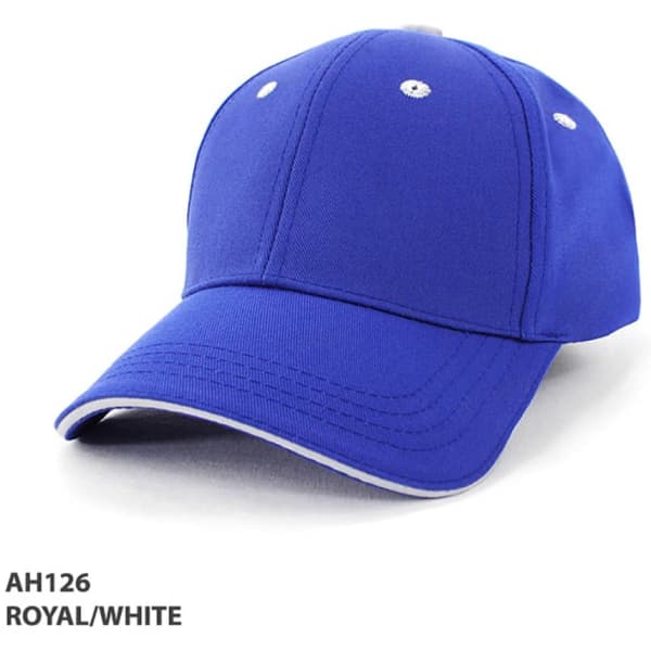 A royal blue and white cap with a logo, featuring a curved brim and six-panel construction.