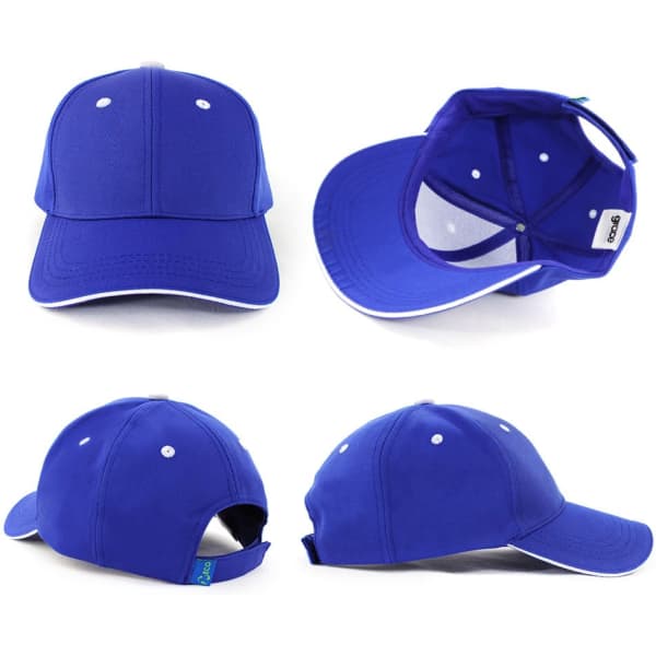 A blue PET/Cotton sandwich cap with contrasting trim, featuring a logo and a secure adjustable strap at the back.