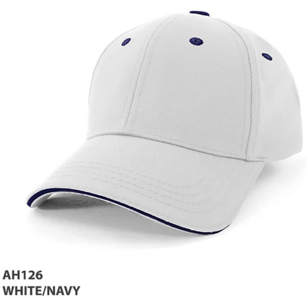 A white and navy cap with a structured design and a logo on the front.