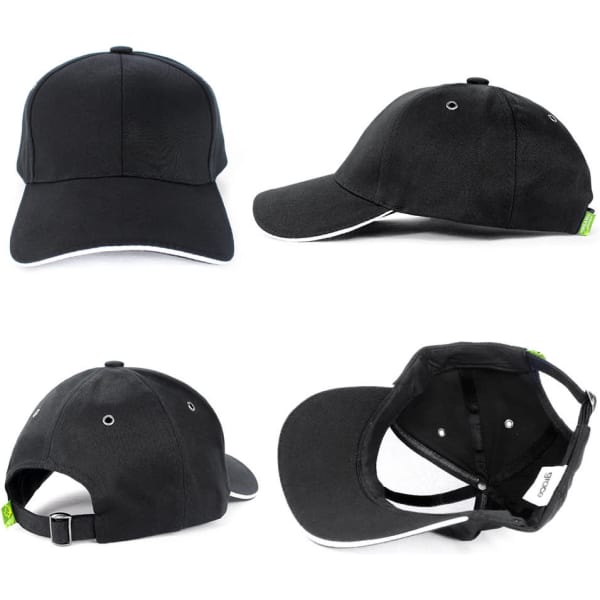 A black organic cotton sandwich cap with a white accent. It features a logo and has adjustable sizing at the back.