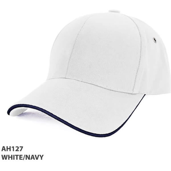 An organic cotton sandwich cap in white with navy trim and a logo on the side.