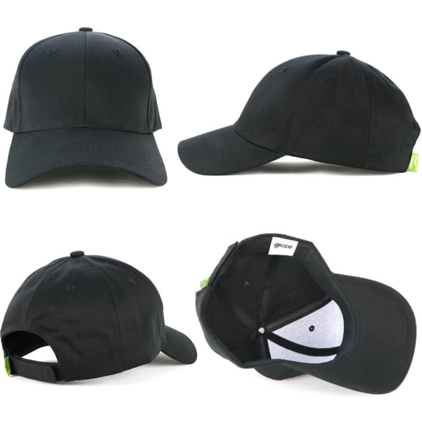 A black organic cotton cap featuring a curved peak and adjustable strap, displaying a logo on the back.