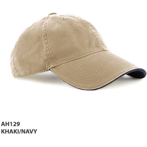 A khaki and navy cap with a curved brim and an embroidered logo.